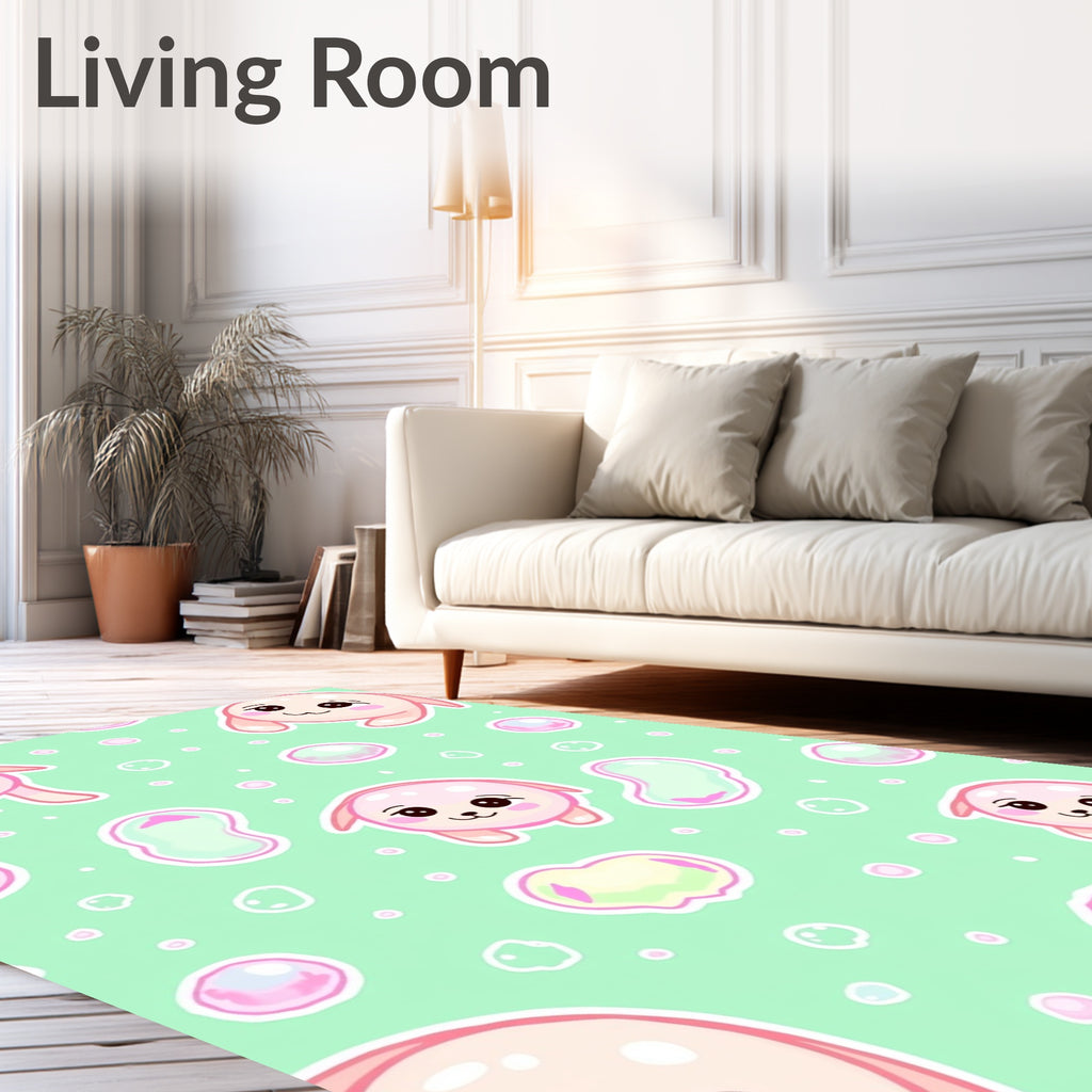 Cute Pink Puppy Bubbles Mint Background Rug