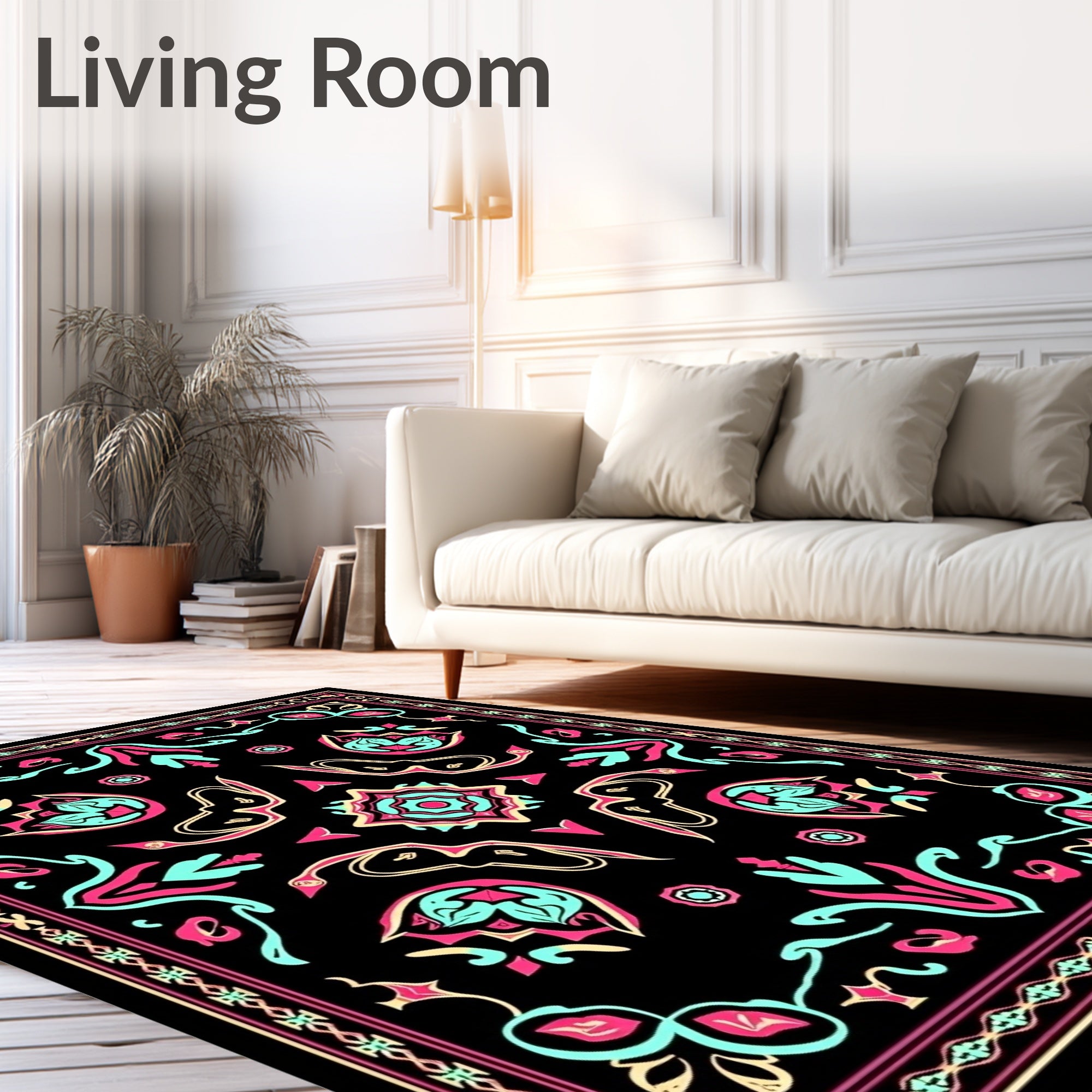 Vibrant Black Flamingo Abstract Medallion Rug