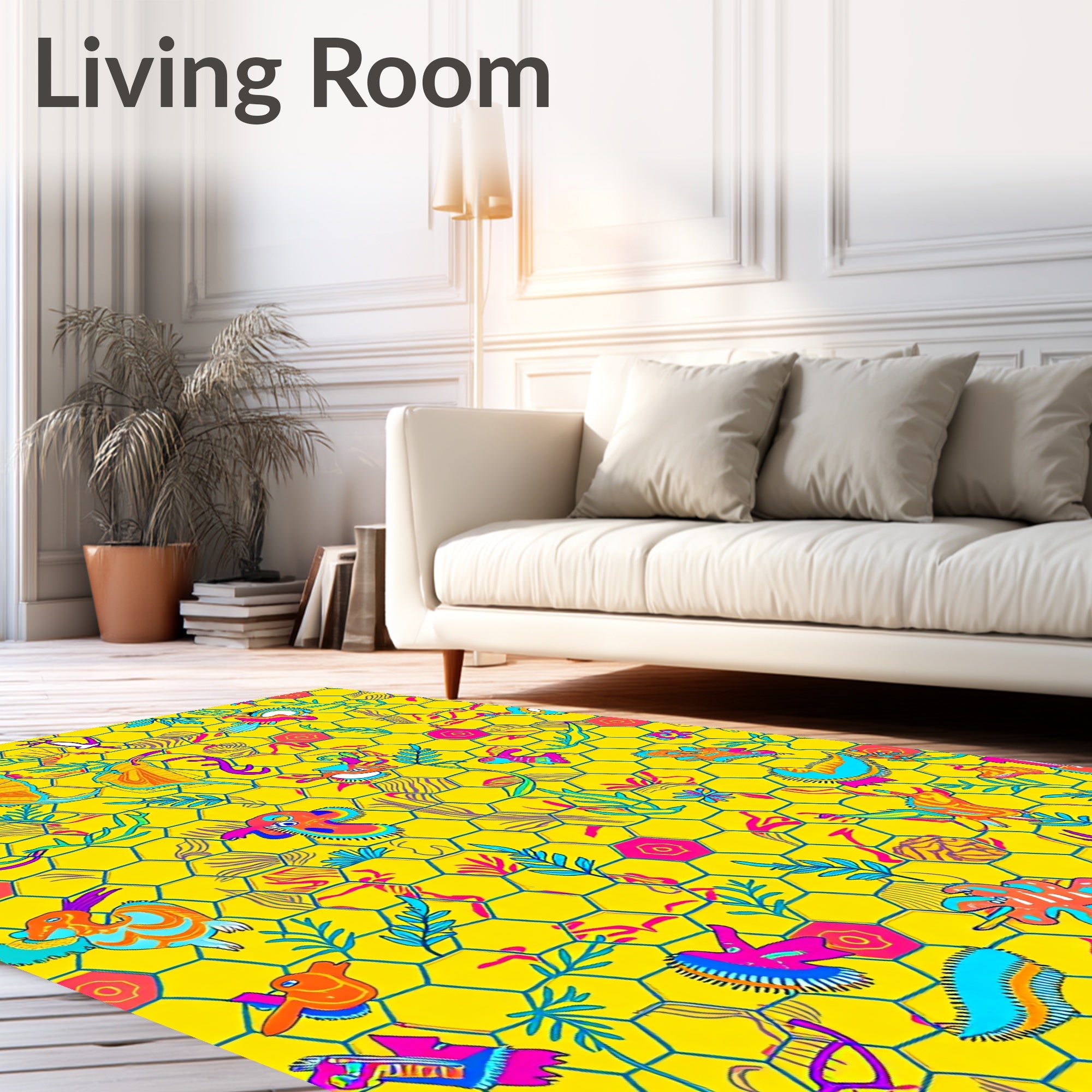 Whimsical Creatures Yellow Hex Garden Rug