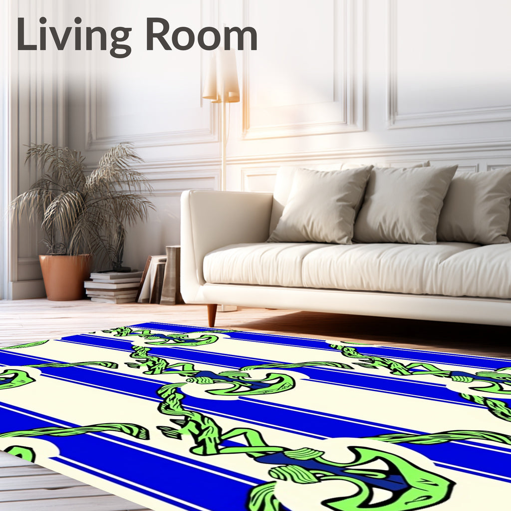 Nautical Green Anchor Blue Stripes Rug