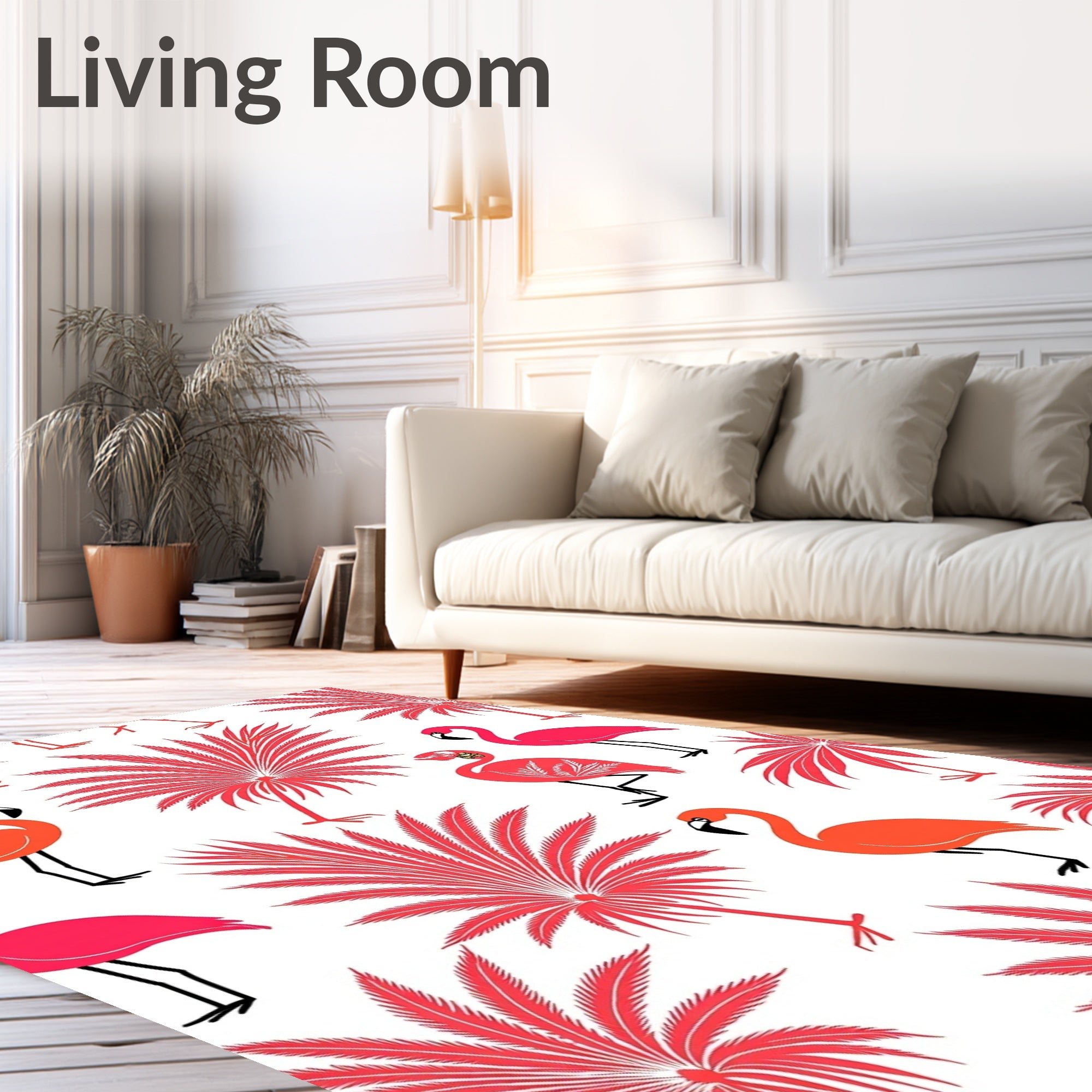 Coral Flamingos and Palm Fronds Rug