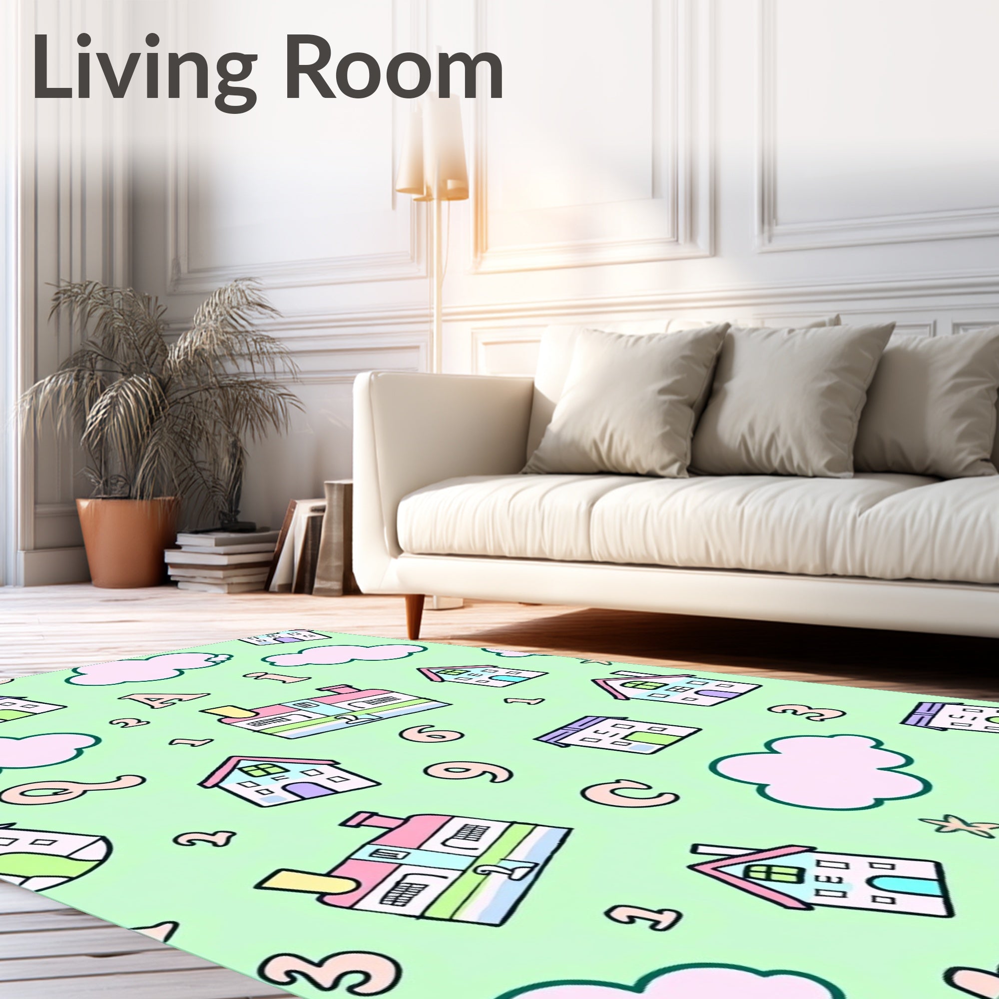 Pastel Houses and Clouds Alphabet Numbers Rug