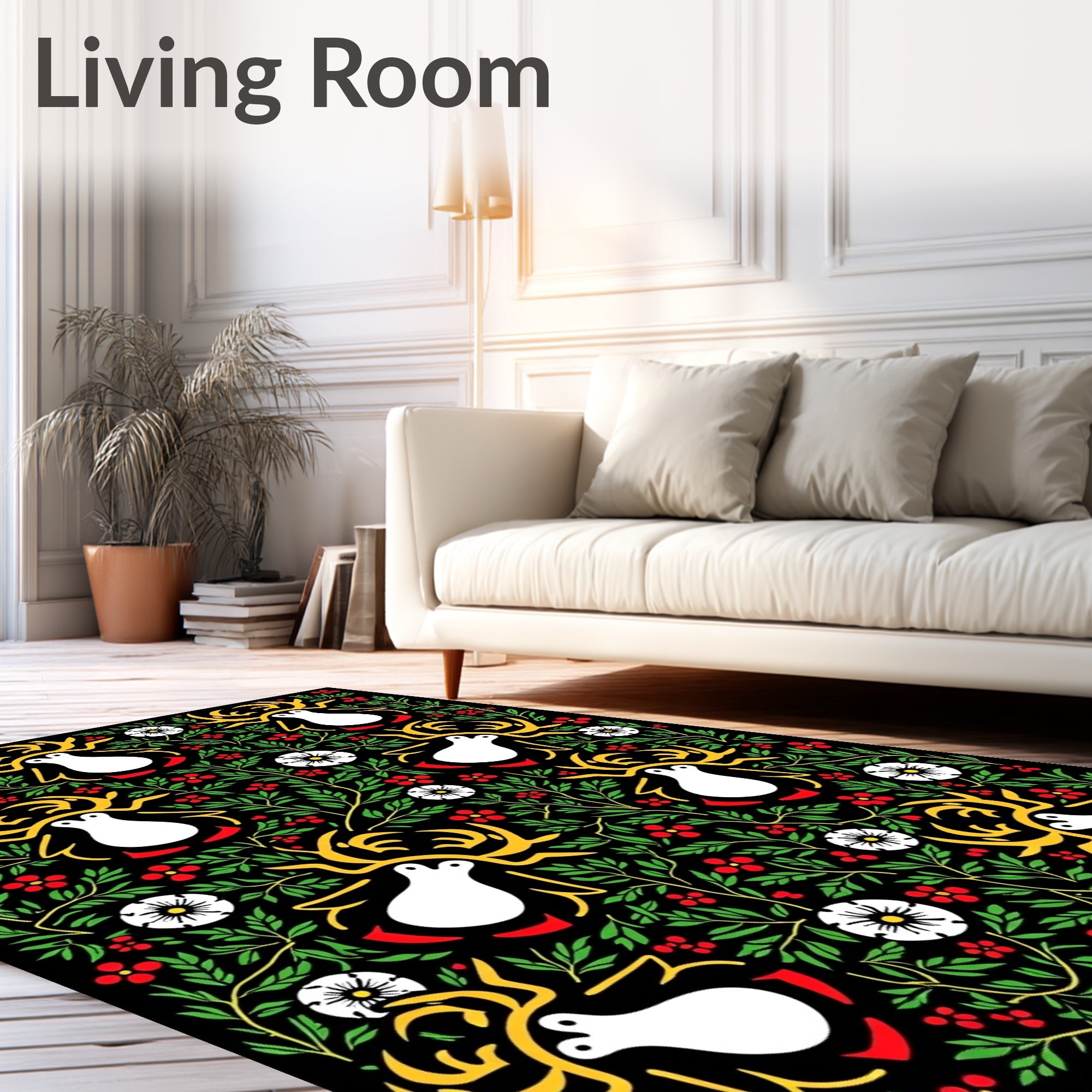 Whimsical White Reindeer Floral Garland Rug