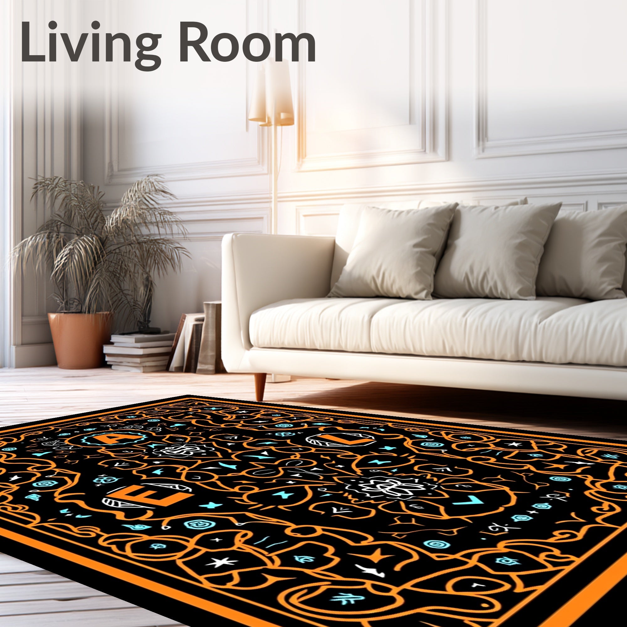 Orange Black Geometric Floral Abstract Rug