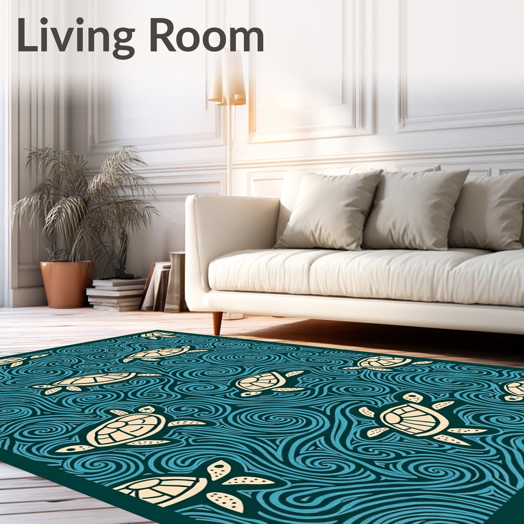 Turtles Amidst Teal Swirling Waves Rug