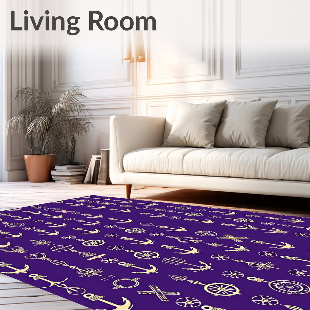 Golden Nautical Anchor Ships Wheel Rug