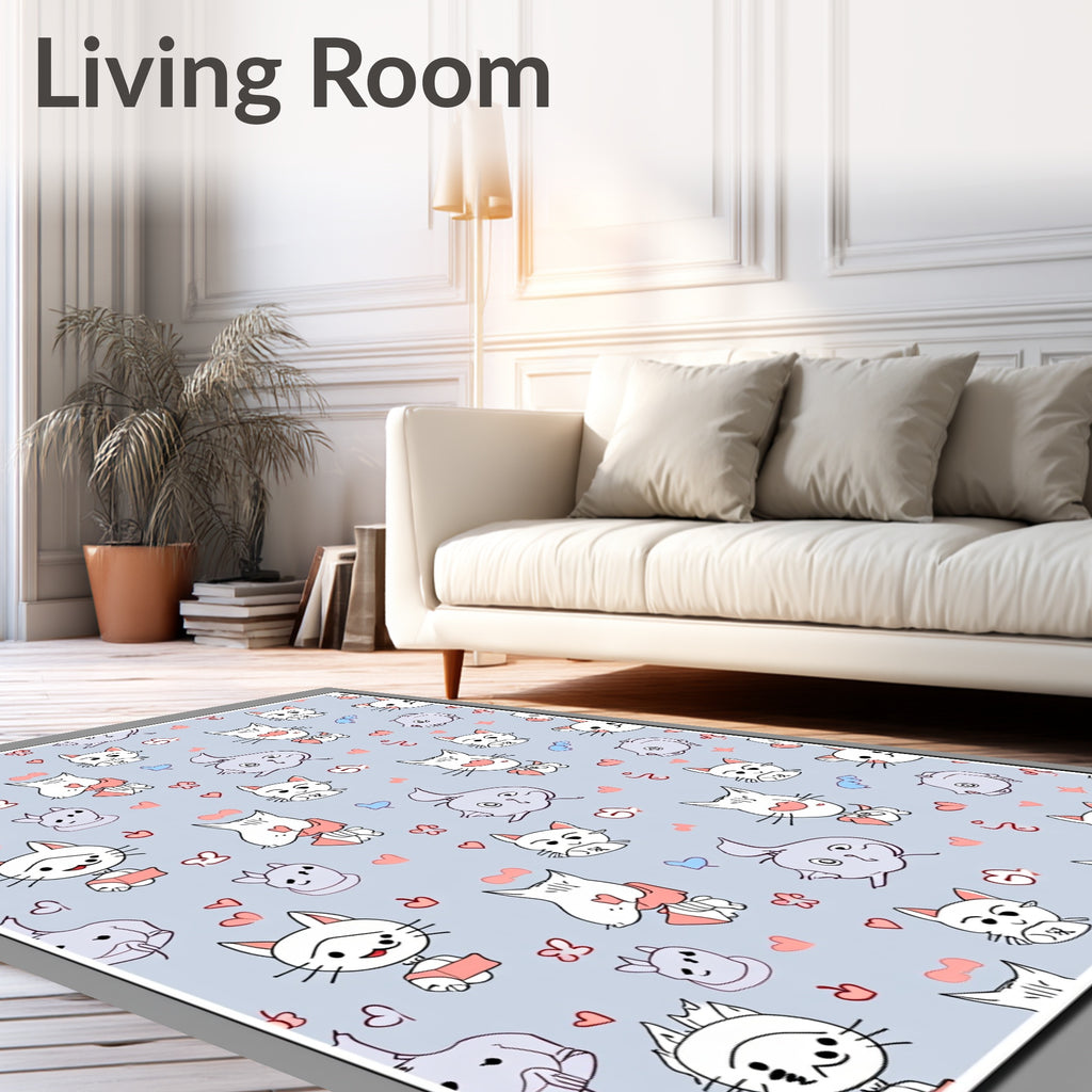 Whimsical Blue Cat Hearts Illustration Rug