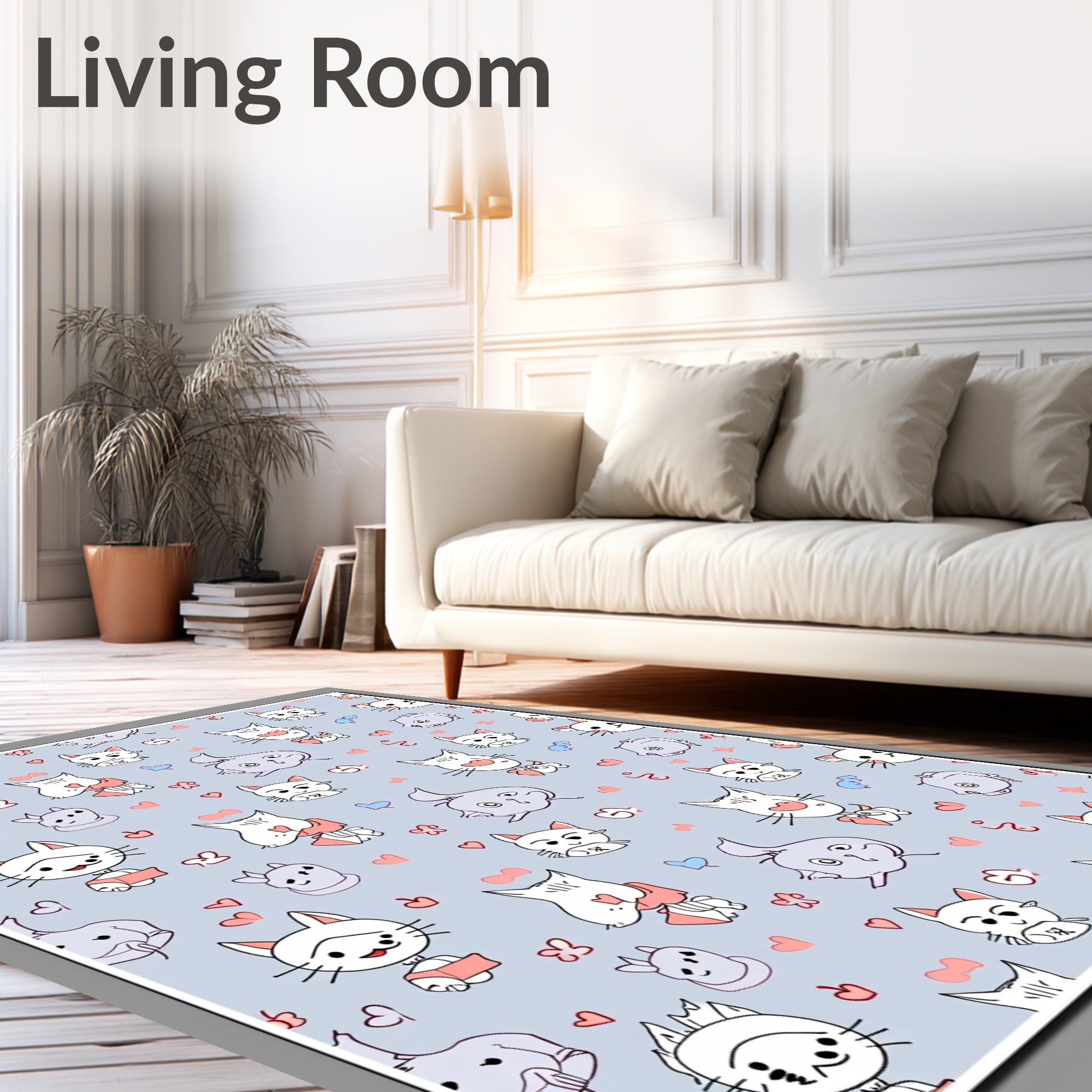 Whimsical Blue Cat Hearts Illustration Rug