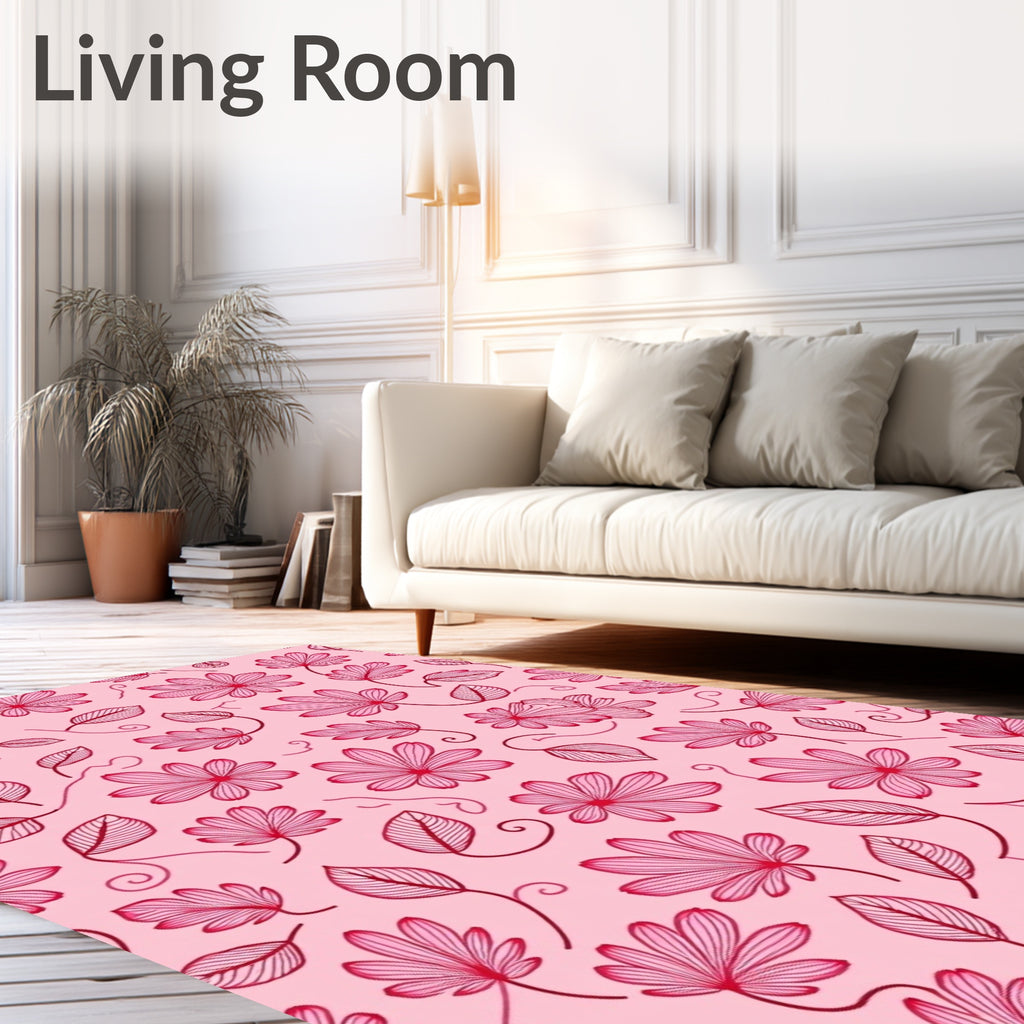Pink Floral Vines Line Art Rug