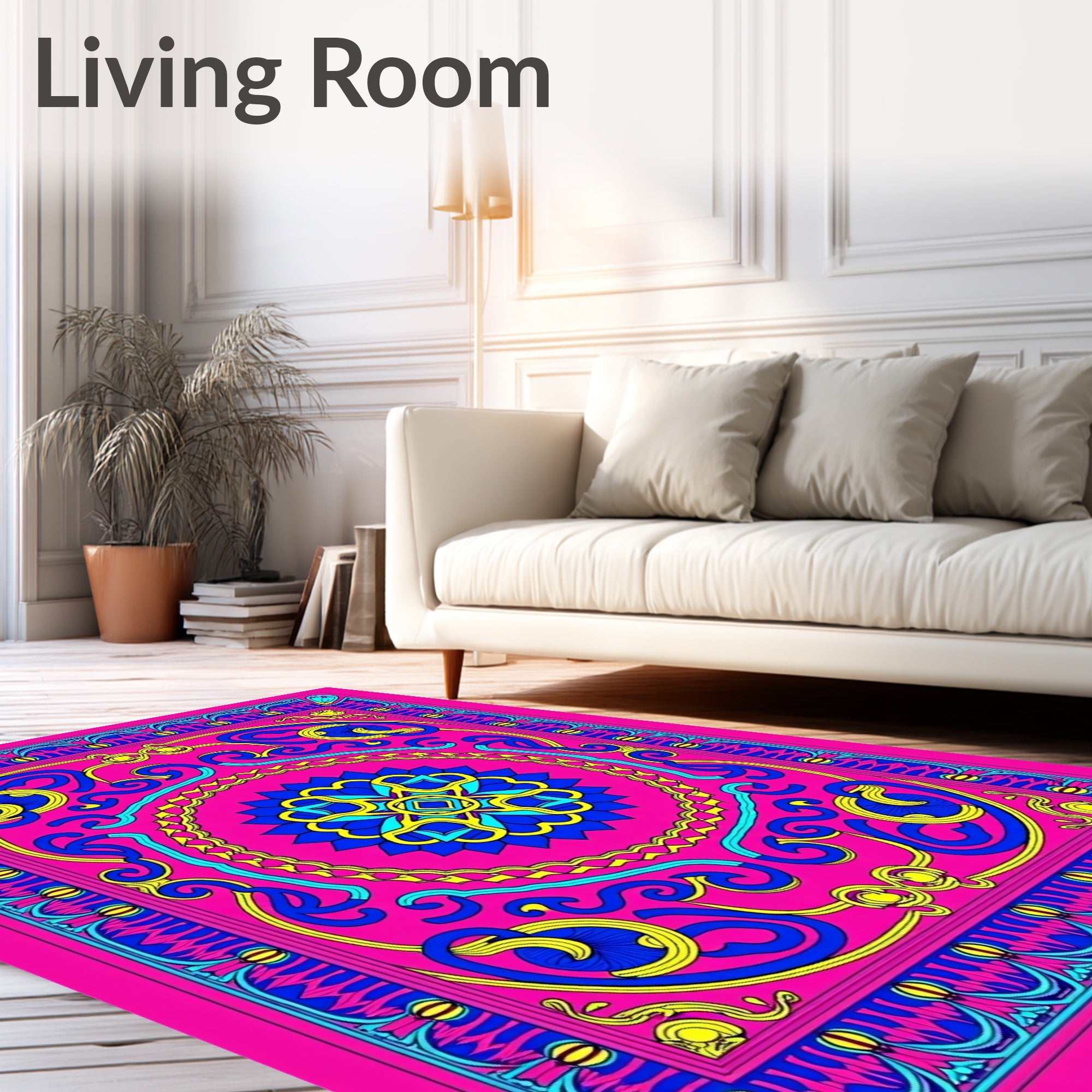 Vibrant Pink Blue Yellow Medallion Rug