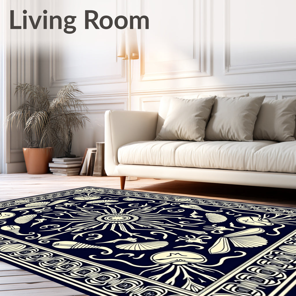 Dark Blue Cream Nautical Sunburst Rug