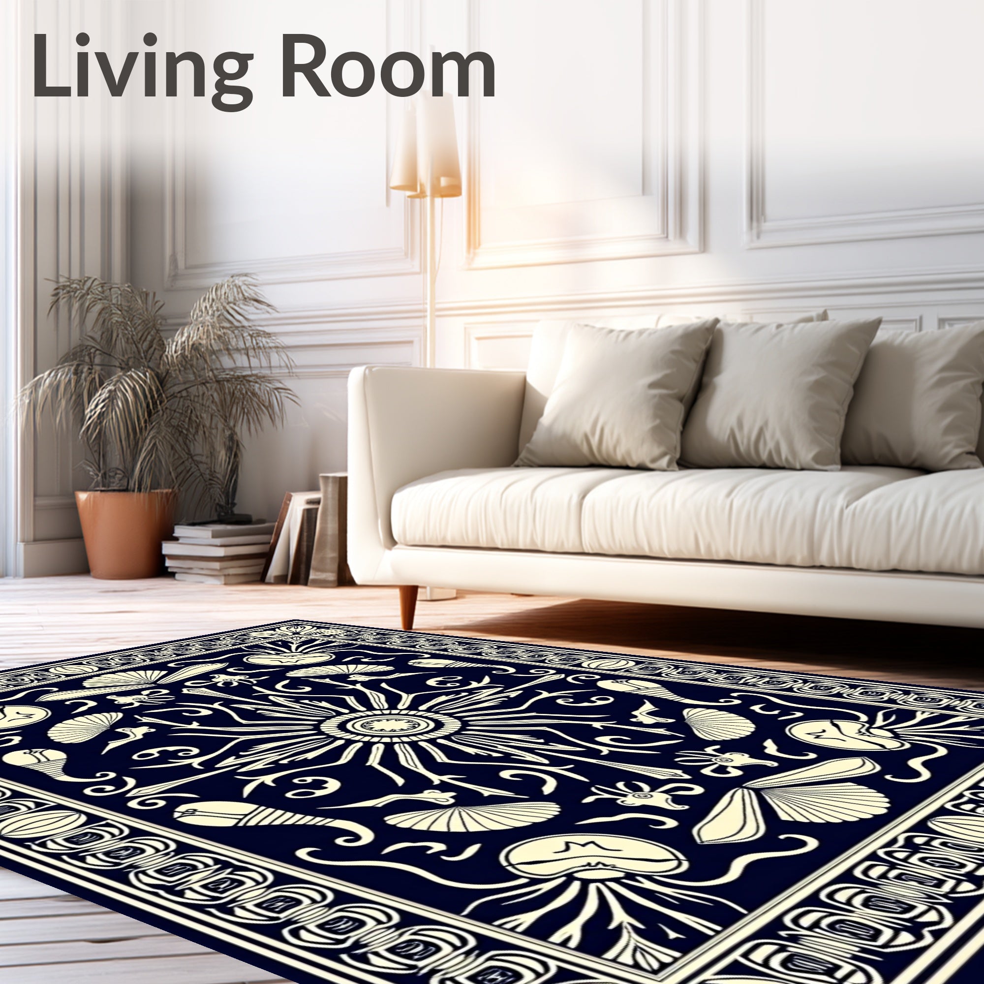 Dark Blue Cream Nautical Sunburst Rug
