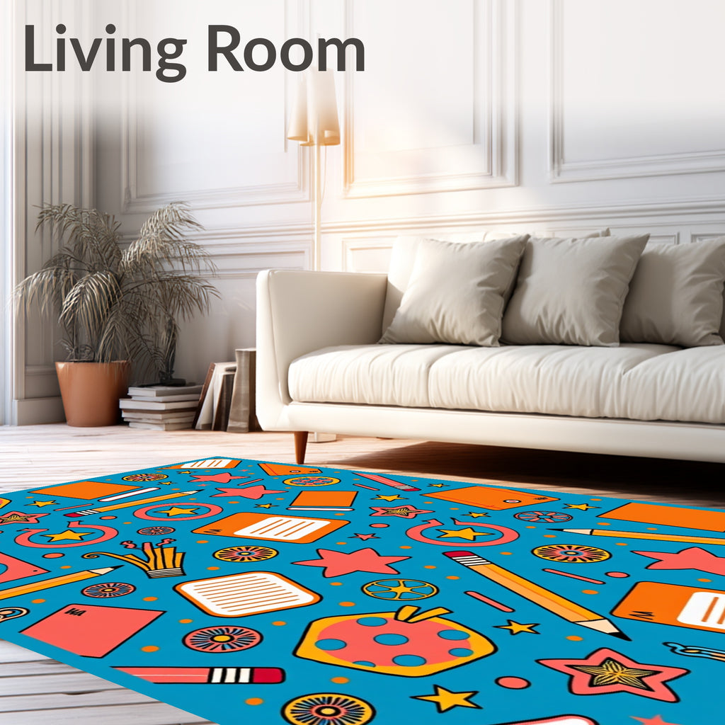 Blue Orange Star School Supplies Scene Rug