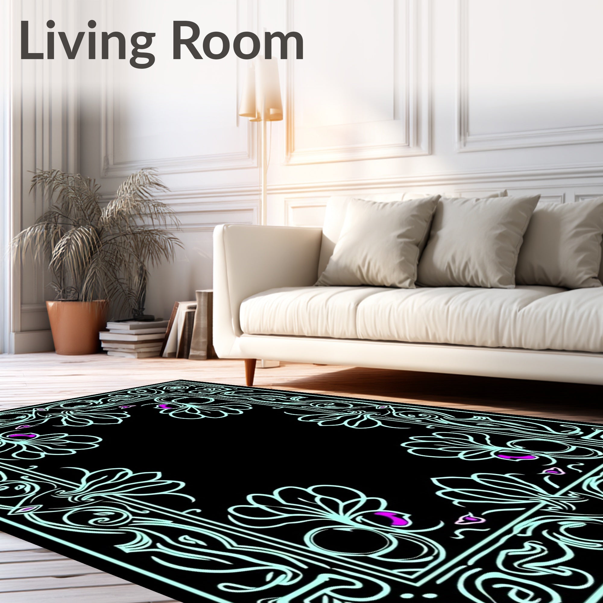 Art Nouveau Floral Frame Black Rug