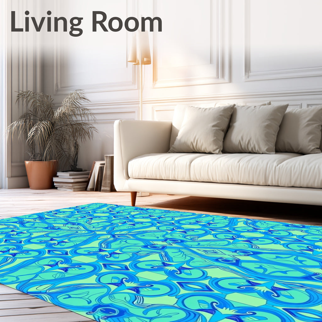 Aqua Blue Swirling Organic Contemporary Rug