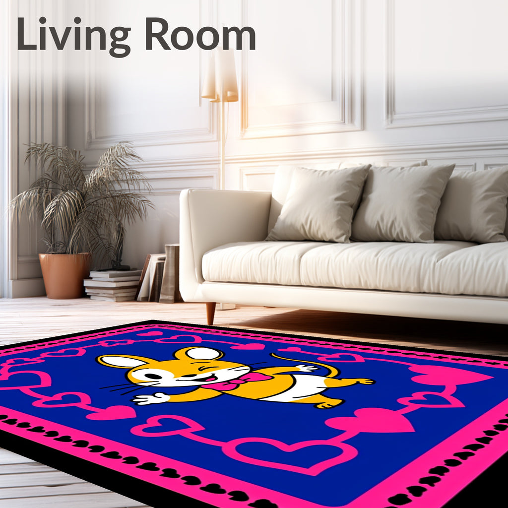 Whimsical Yellow Mouse Pink Hearts Rug