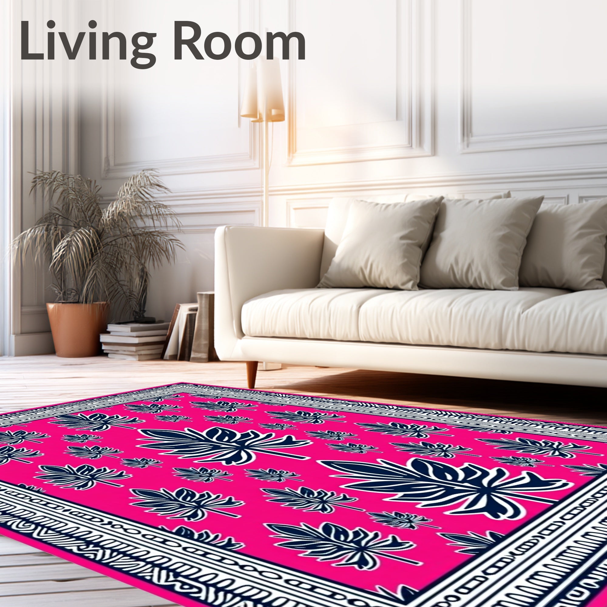 Vivid Pink Navy Leaf Scatter Area Rug