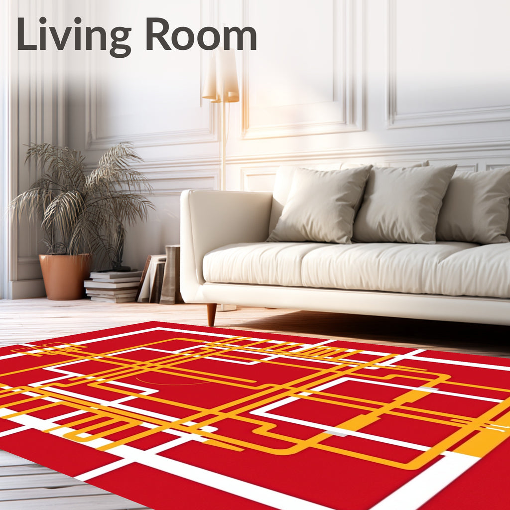 Crimson Geometric Maze Lines Rug