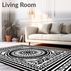 Black White Geometric Sunburst Mandala Rug