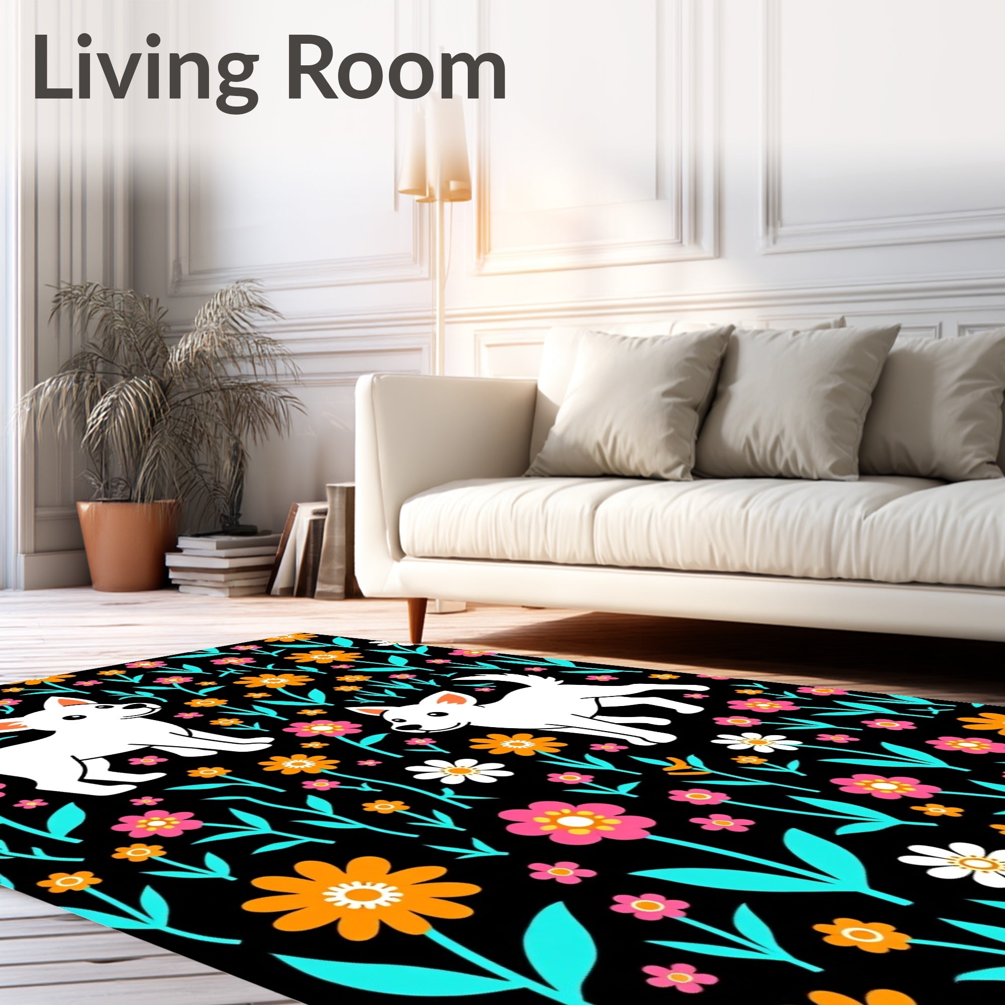 Playful White Dogs Floral Bloom Rug