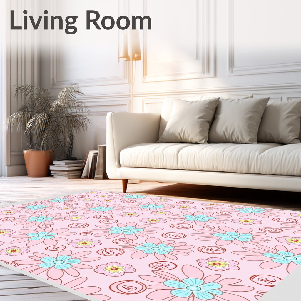 Pink Floral Blooms With Letters Rug