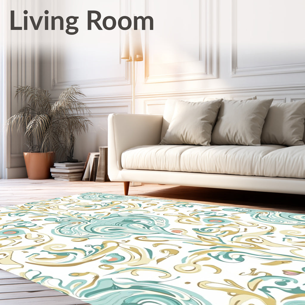 Soft Blue Gold Swirls Floral Medallions Rug