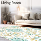 Soft Blue Gold Swirls Floral Medallions Rug