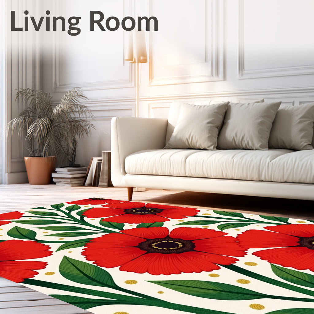 Vibrant Red Floral with Green Leaves Rug