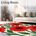 Vibrant Red Floral with Green Leaves Rug