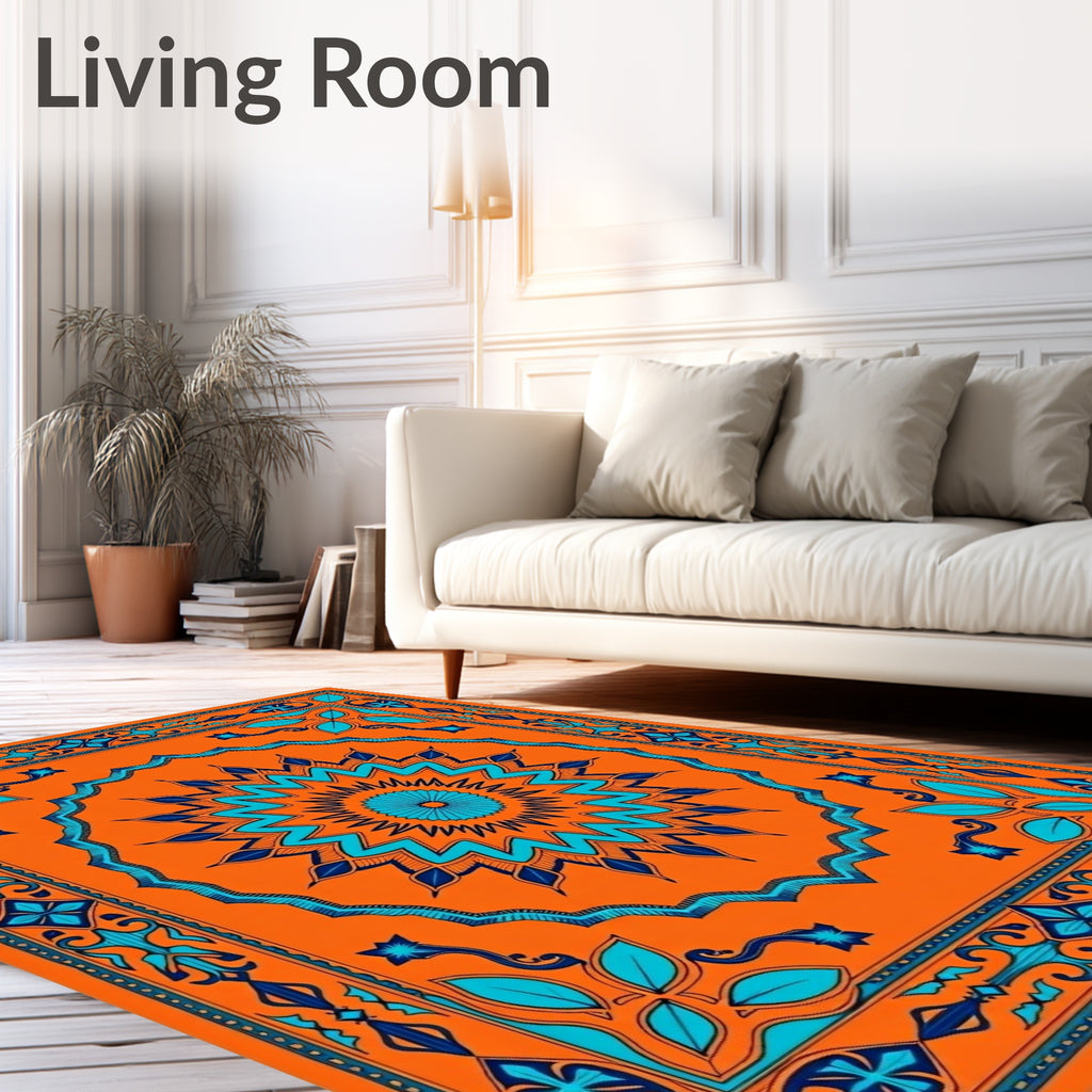 Vibrant Orange Turquoise Medallion Border Rug