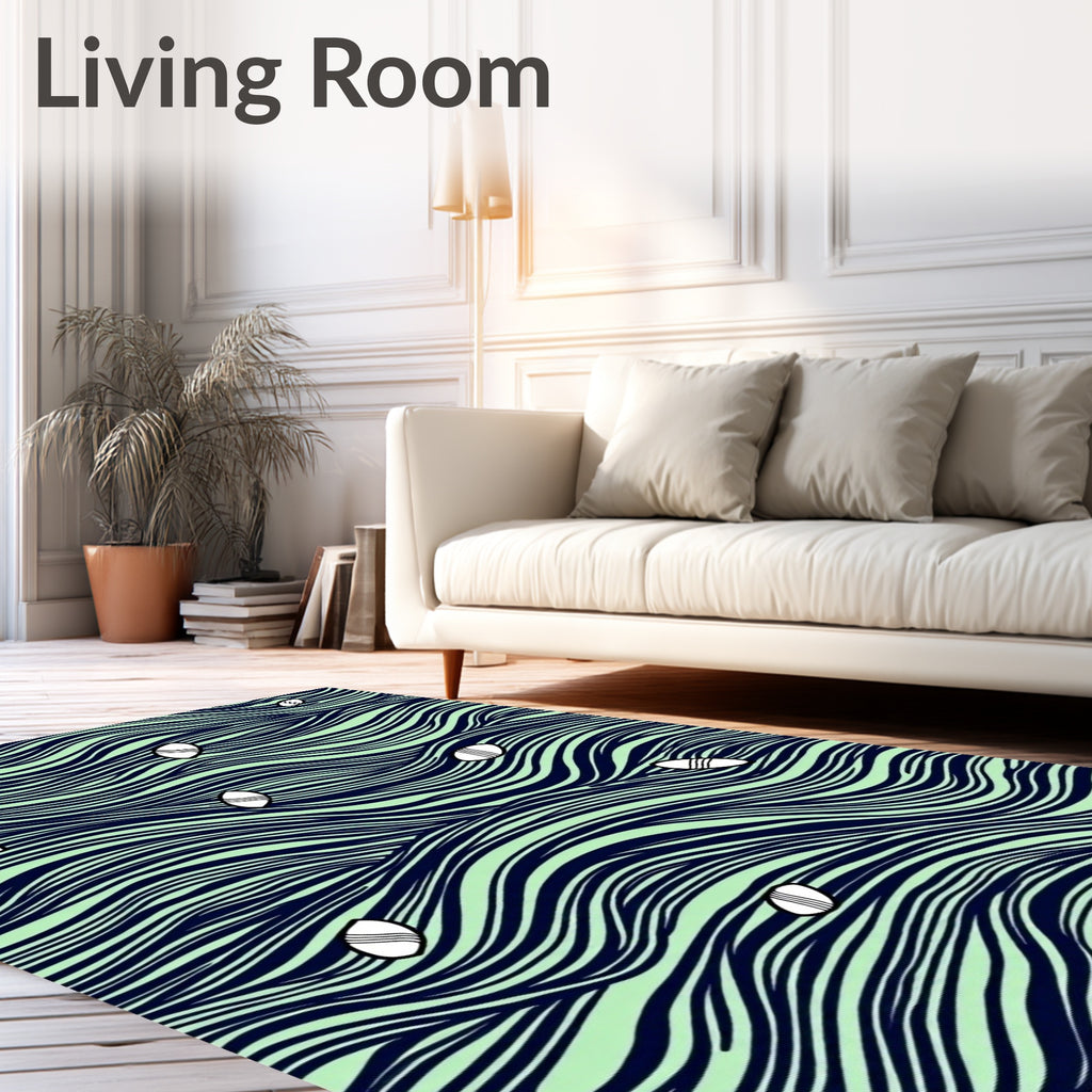 Navy Aqua Waves Small Boat Scene Rug
