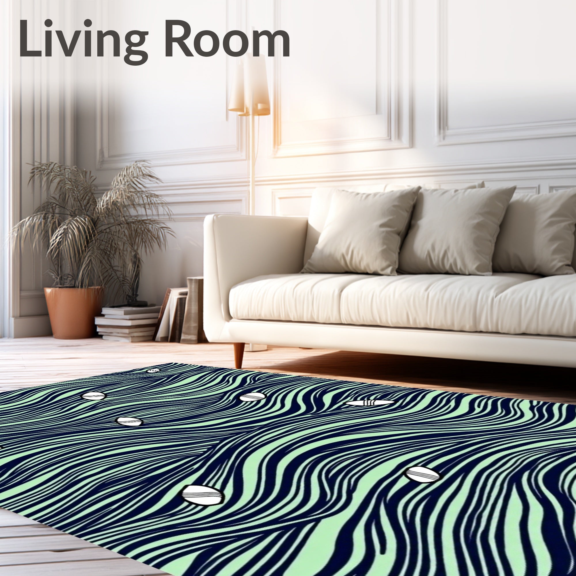 Navy Aqua Waves Small Boat Scene Rug