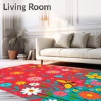 Bright Red Floral Butterfly Garden Rug
