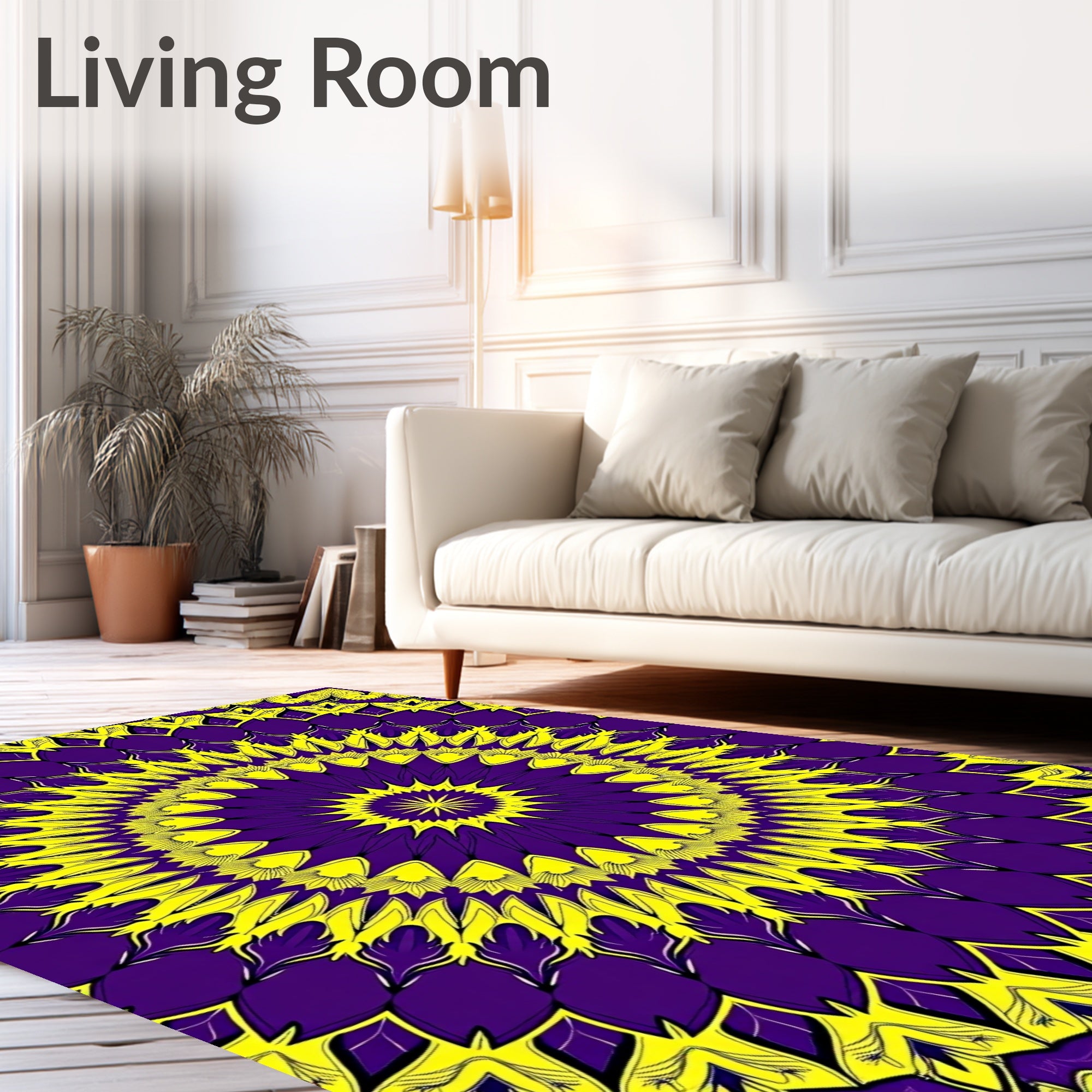 Vibrant Purple Yellow Sunburst Mandala Rug