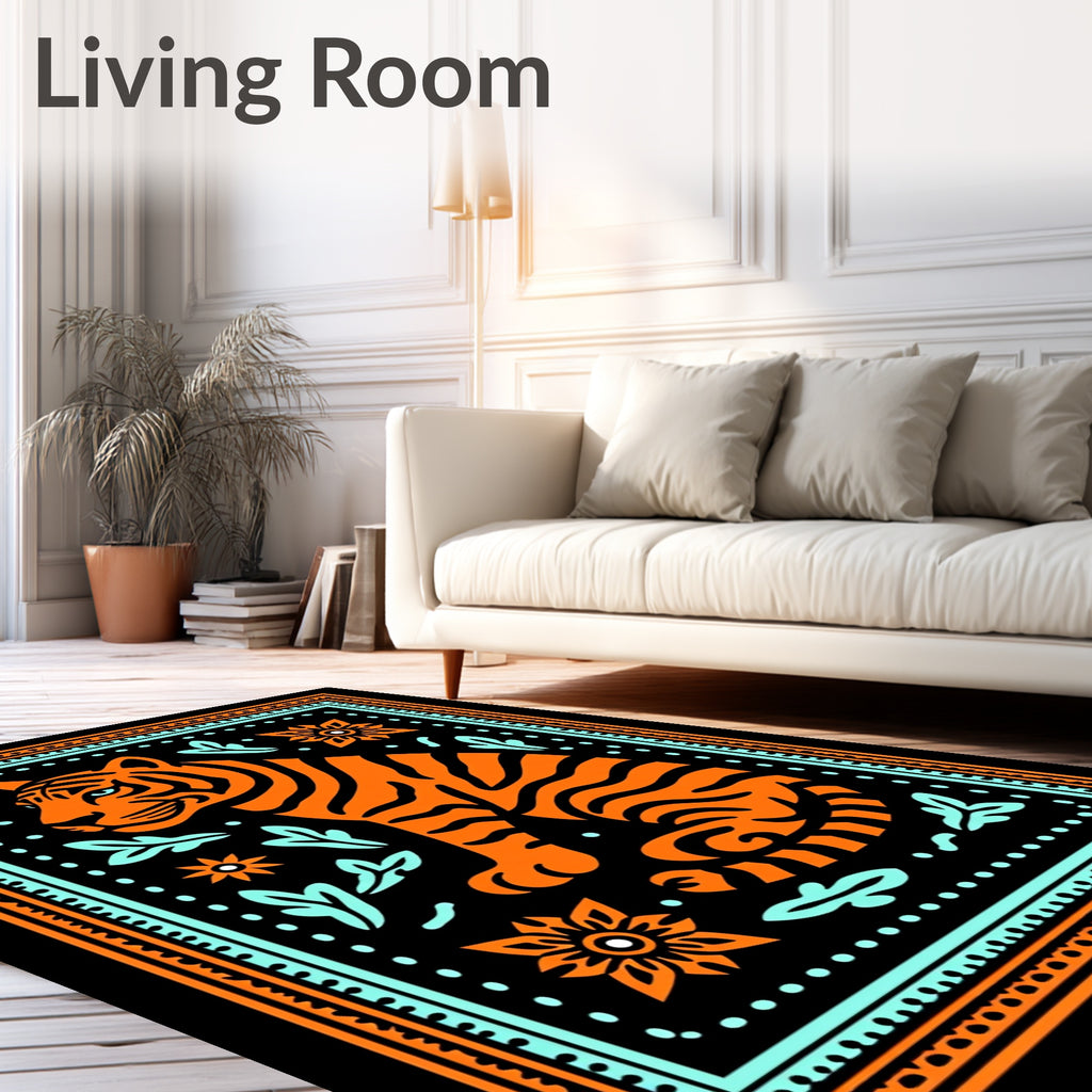 Bold Orange Tiger Floral Border Rug