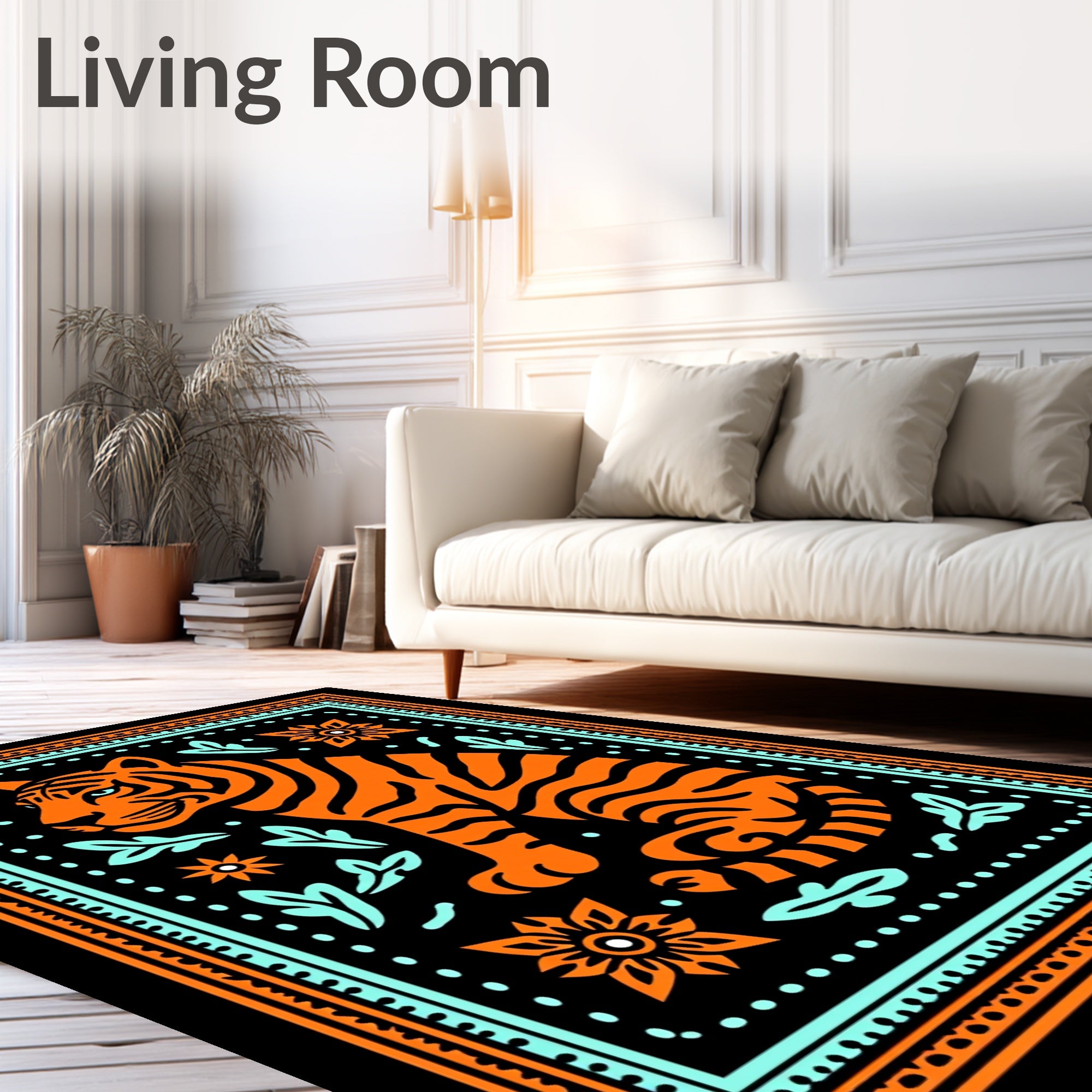 Bold Orange Tiger Floral Border Rug