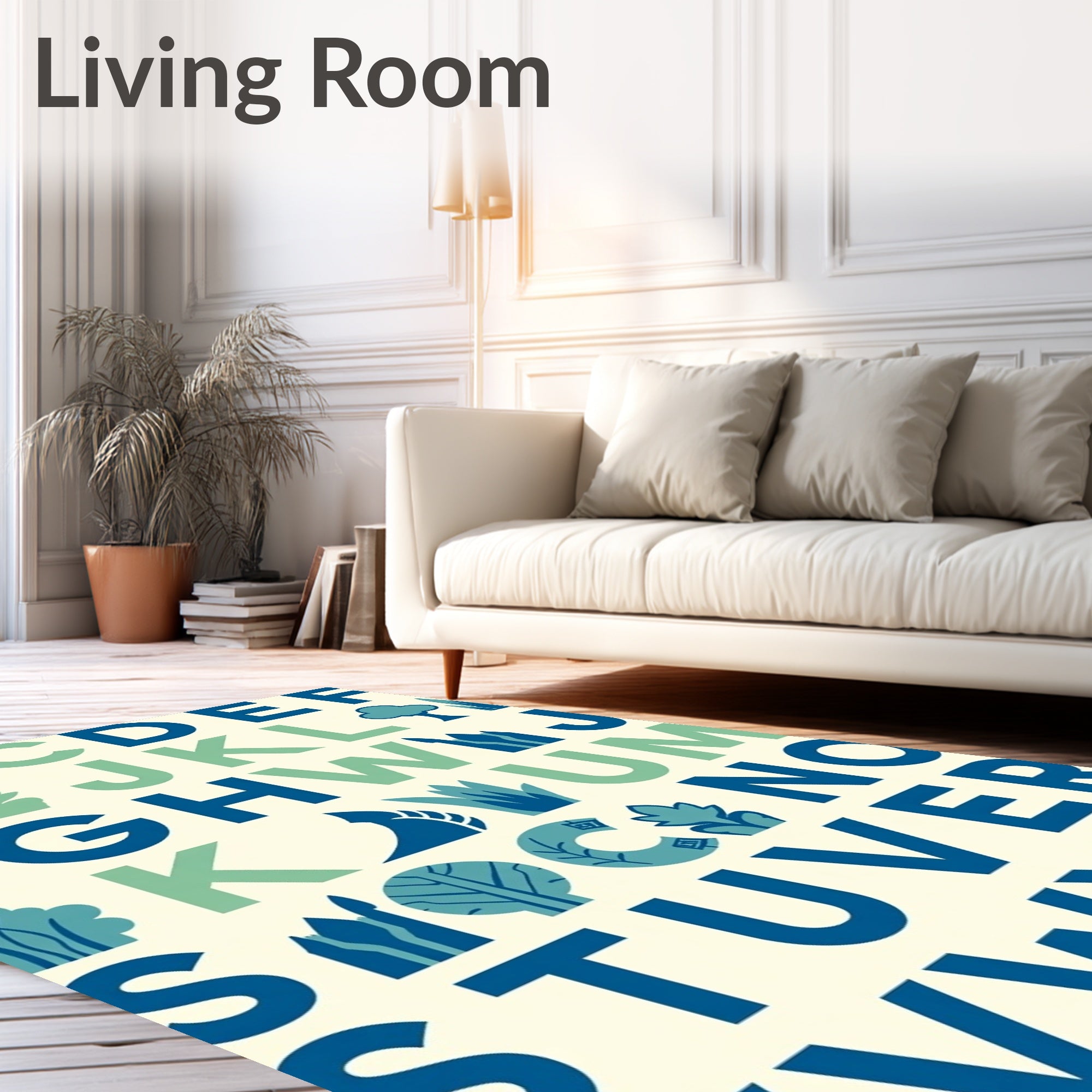 Blue Green Alphabet Nature Motifs Rug