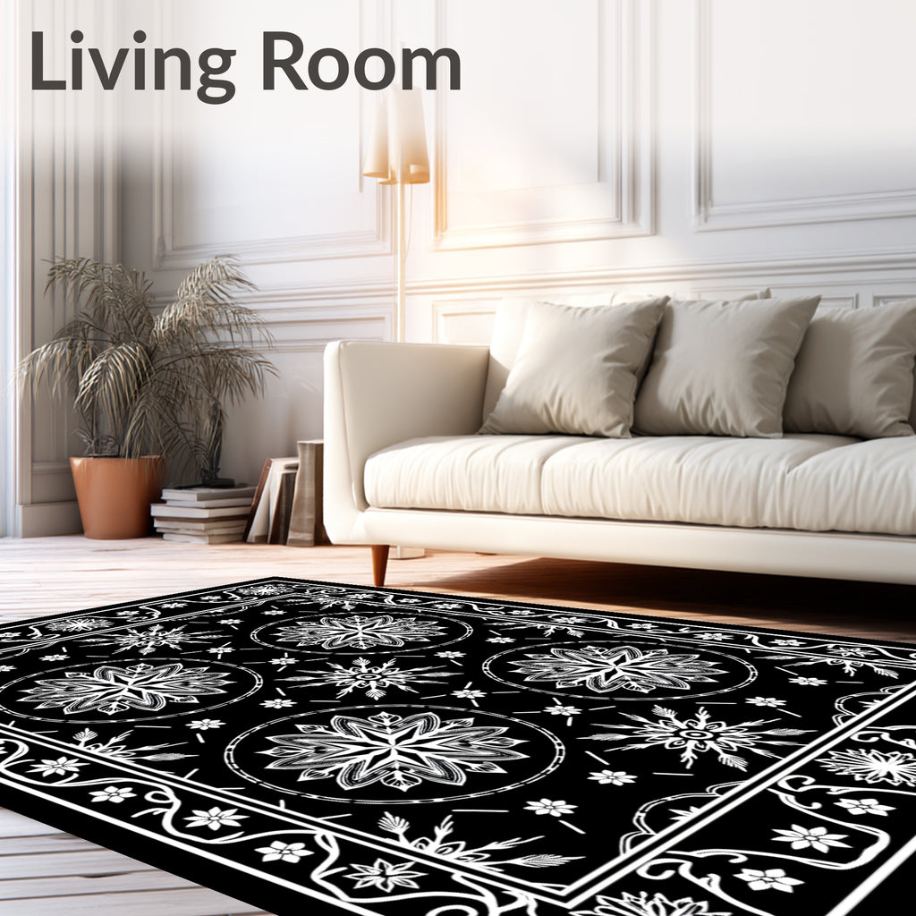 Black White Starburst Central Round Border Rug