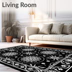 Black White Starburst Central Round Border Rug