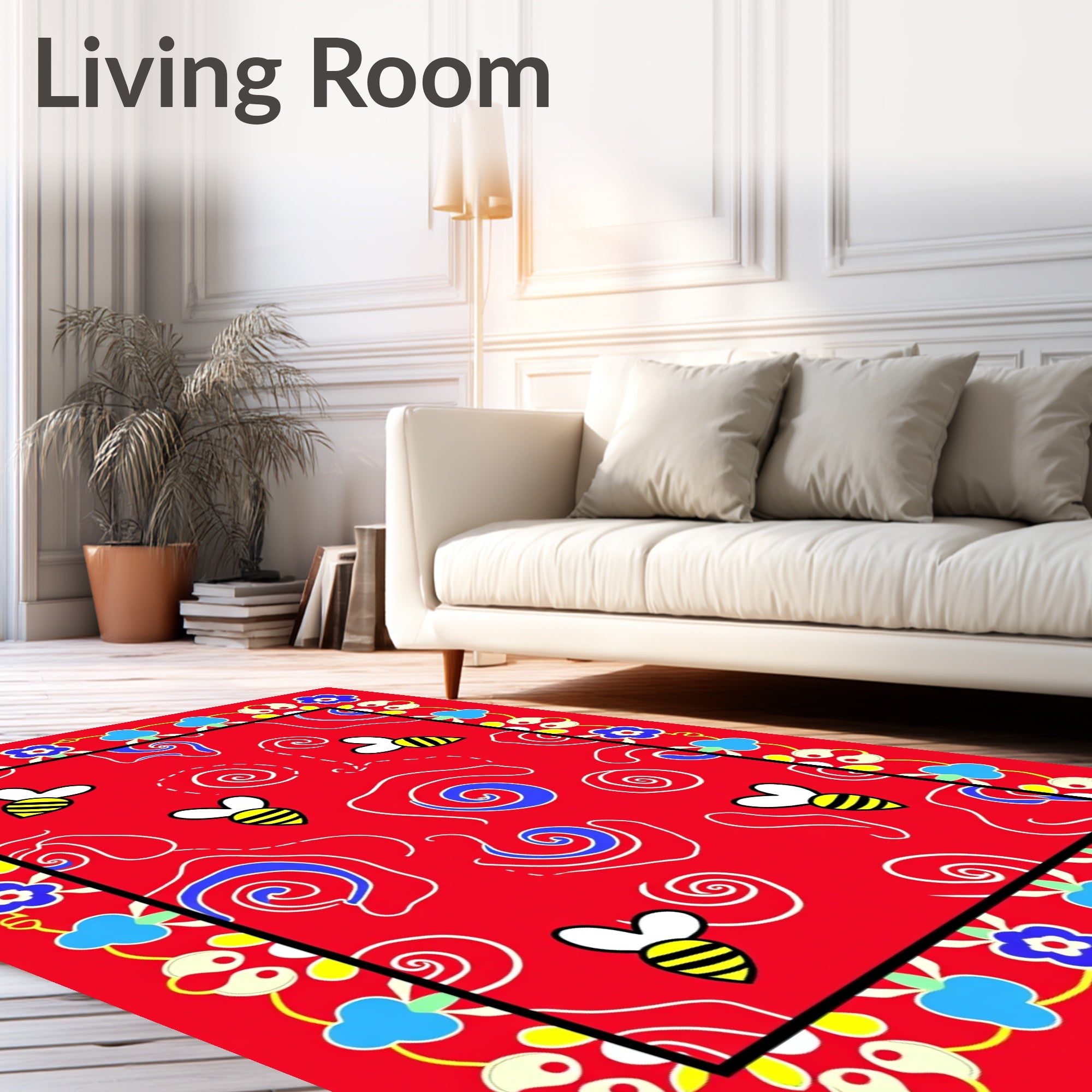 Whimsical Red Bee Swirl Border Rug