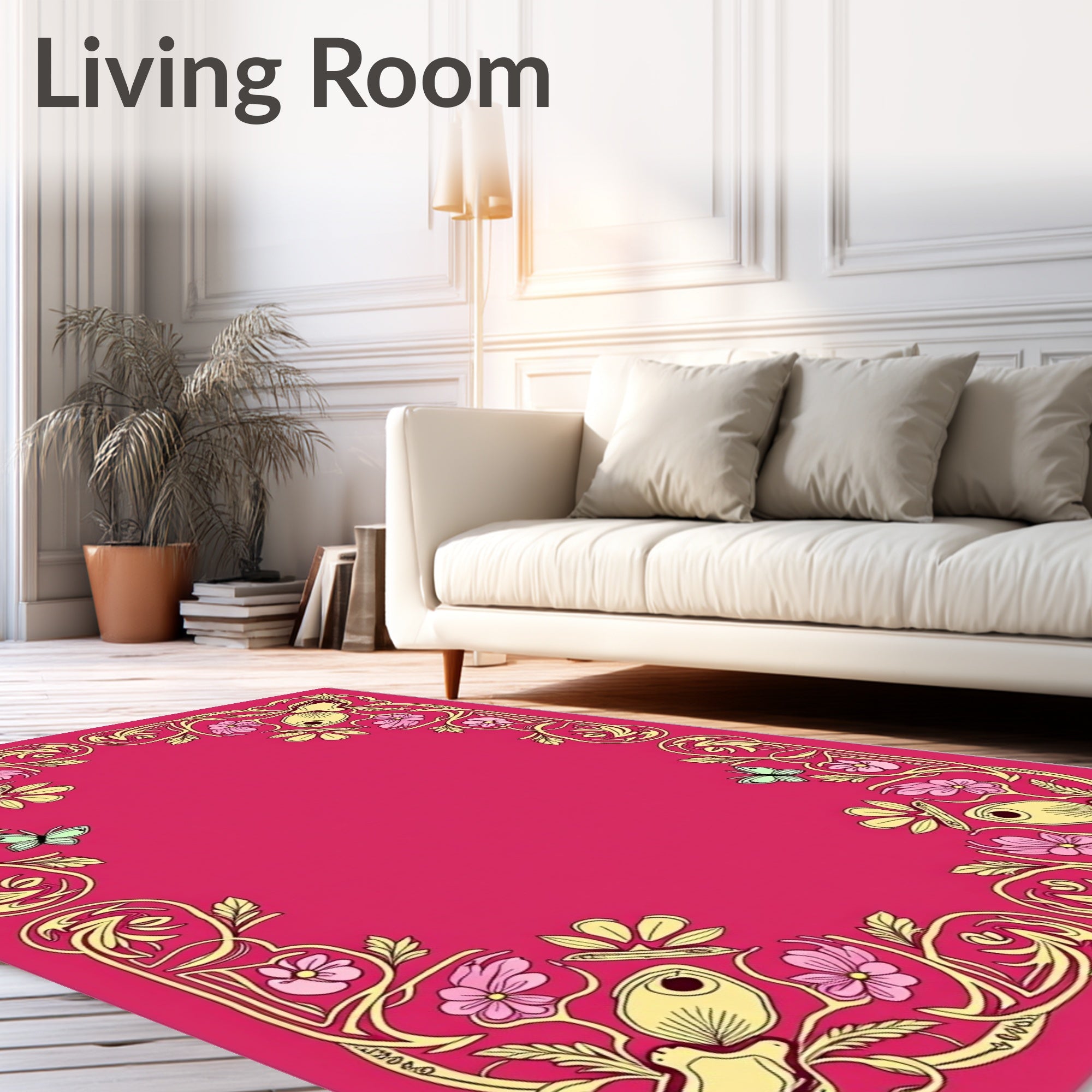 Art Nouveau Pink Floral Butterfly Border Rug