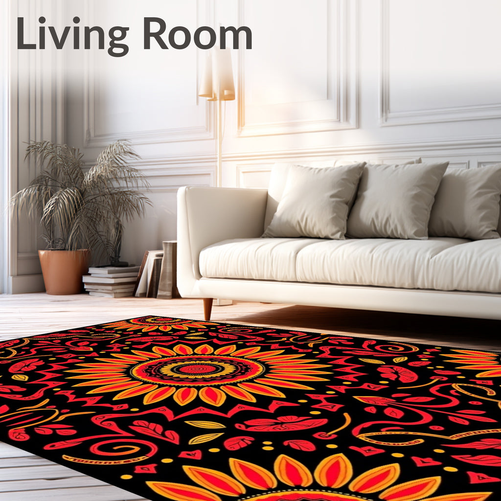 Bold Red Yellow Sunflower Mandala Rug