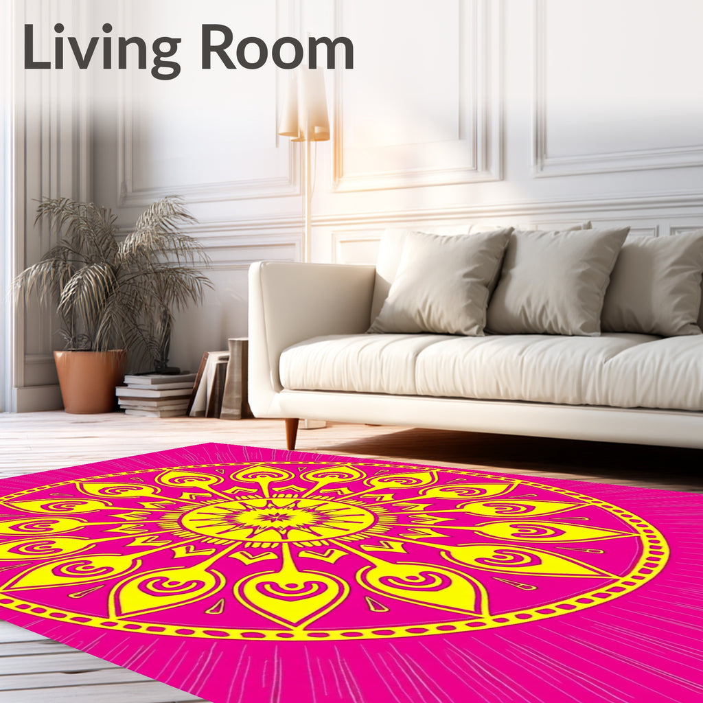 Vibrant Yellow Pink Mandala Sunburst Rug