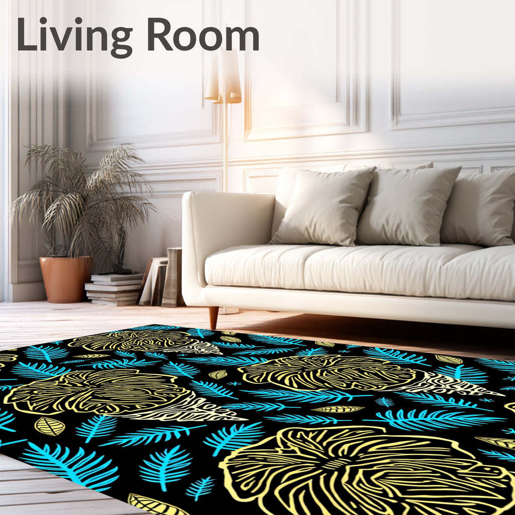Tropical Yellow Floral Turquoise Fern Black Rug