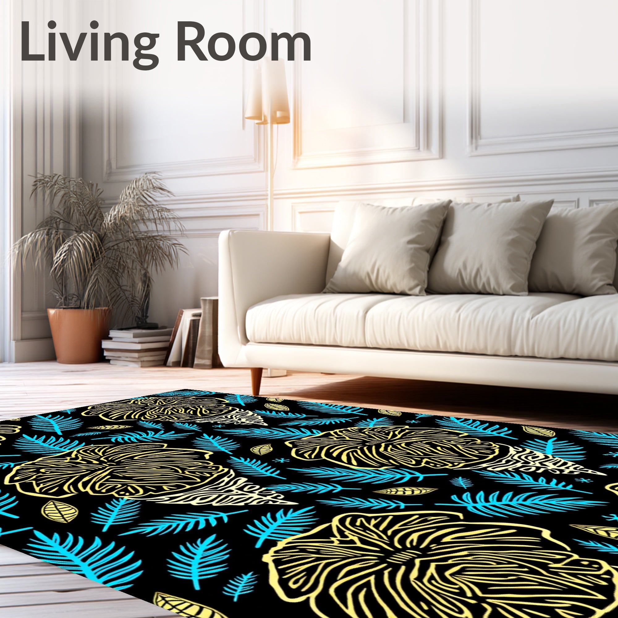Tropical Yellow Floral Turquoise Fern Black Rug