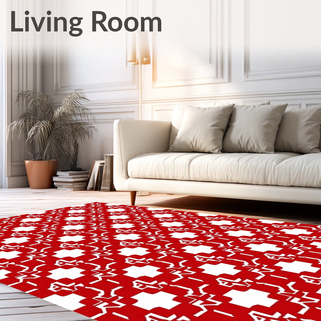 Modern Red White Geometric Interlocking Squares Rug
