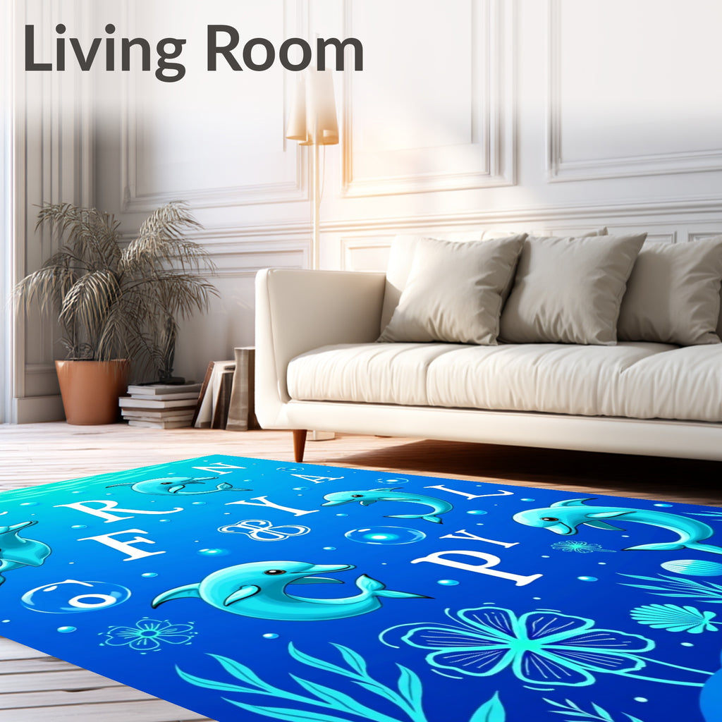 Playful Blue Dolphins Underwater Alphabet Rug
