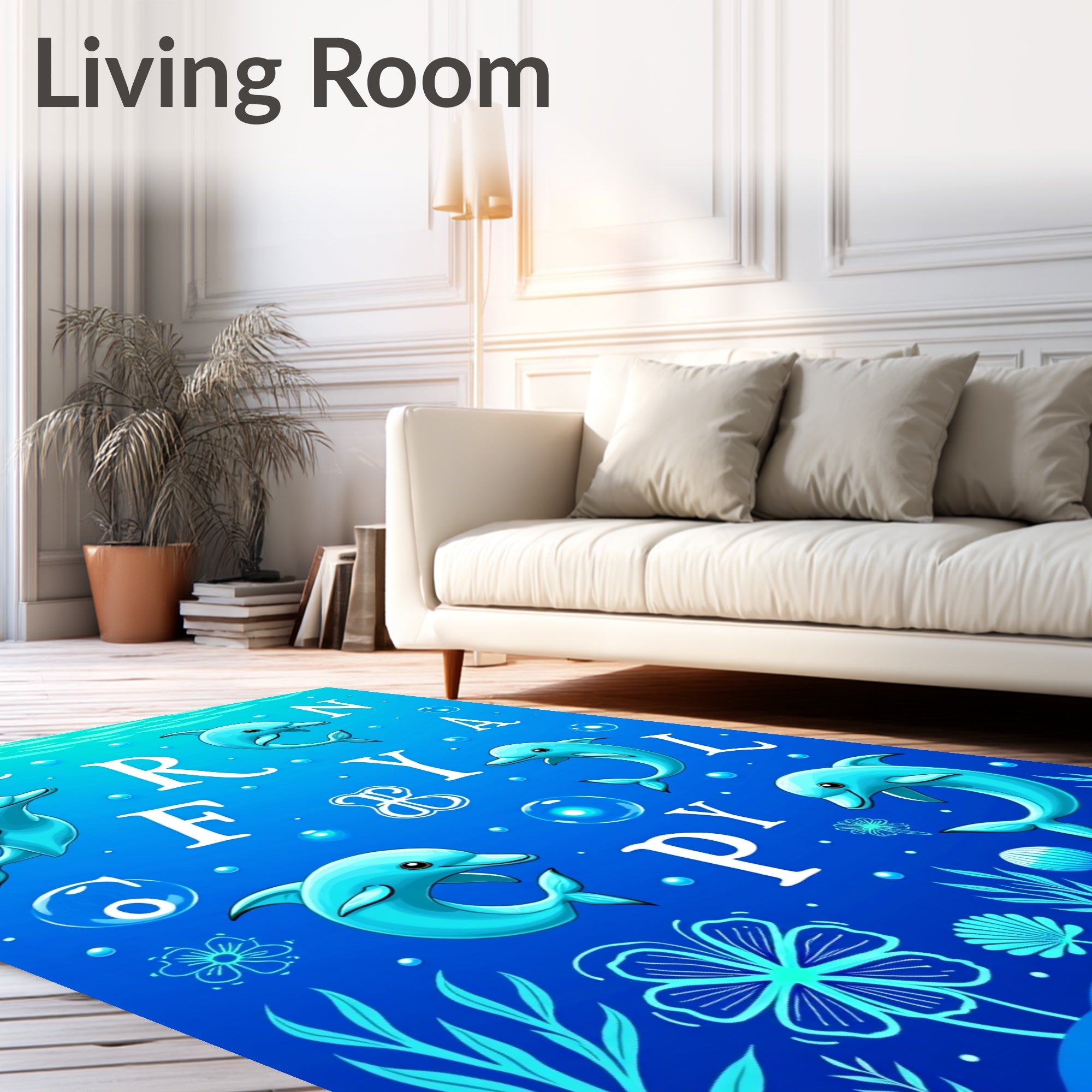 Playful Blue Dolphins Underwater Alphabet Rug