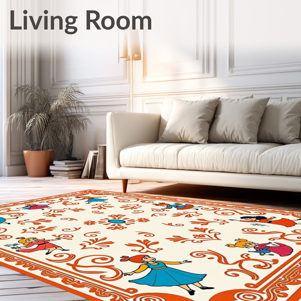 Whimsical Dancing Girls Orange Border Rug