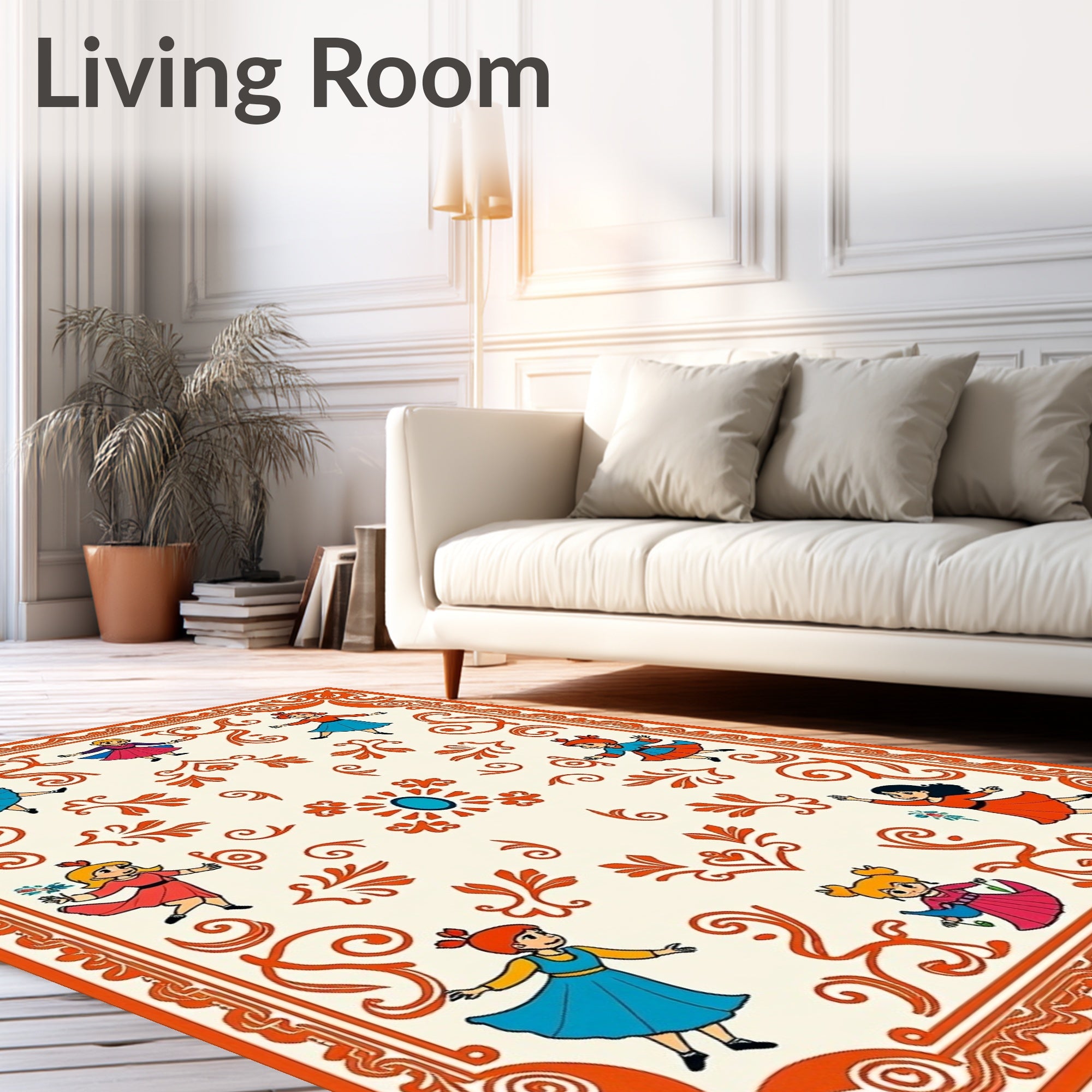 Whimsical Dancing Girls Orange Border Rug